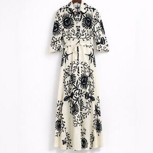 ZARA Black & White Floral Midi Dress XS Button Front Slit Dress No Belt